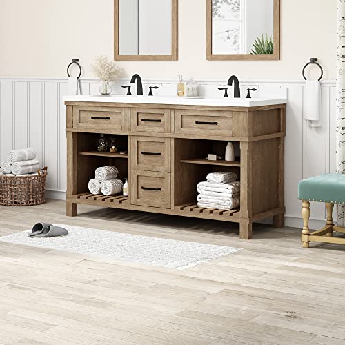 Martha Stewart Ridgefield 60 In. Double Sink Bathroom Vanity Bedford Collection, In Antique Oak #TOP2