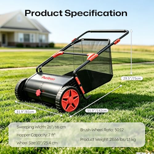 Push Lawn Sweeper, 26 Inch Leaf & Grass Collector, Strong Rubber Wheels & Heavy Duty Thickened Steel Durable to Use with - Additional View