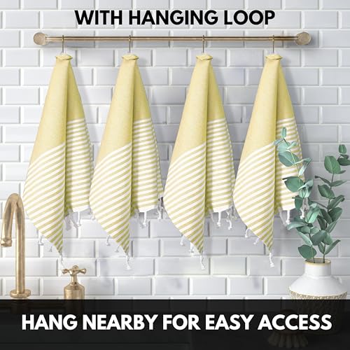 Image of Turkish Kitchen Towels 18x26 Inches with Tassels - 4 Pack - Ultra Absorbent, Durable, Soft 100% Cotton Dish Towels for Drying & Cleaning - Machine Washable, Quick-Dry - Lemon Yellow