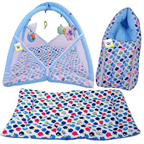 Image of Toddylon Flat Bed Baby Bed Bedding Set for New Born Mattress with Mosquito Net | Carry Bag|Essentials Combo (0-6 Months) (3PCS Set)