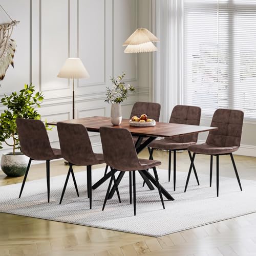 Luxstein Extendable Dining Table and Chairs Set 6 120-160cm Wood Grain Table with 6 Brown Upholstered PU Leather Chairs for Dining Room Kitchen