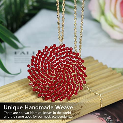 Niumike Long Pendant Necklace For Women - Womens Handmade Long Statement Beaded Crystal Large Disc Circle Pendant Gold Plated Sweater Chain Boho Necklaces Valentines Day Gifts For Her Mother's Day Gift (Red) #TOP1