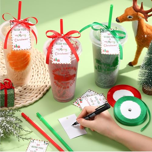 Mimorou 12 Set Christmas Cup Gifts Bulk Coffee Gift Card Holder with Cards Clear Plastic Tumblers with Lid Straw Thank You Cards Christmas Party Favors for Xmas Gift Teacher Coworker (Festive) - Image 6