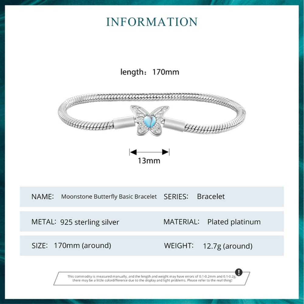 LLXYWJ Pulsera de Cadena de Serpiente de Plata de Ley 925 para Pulseras Europeas Brazalete de Mariposa