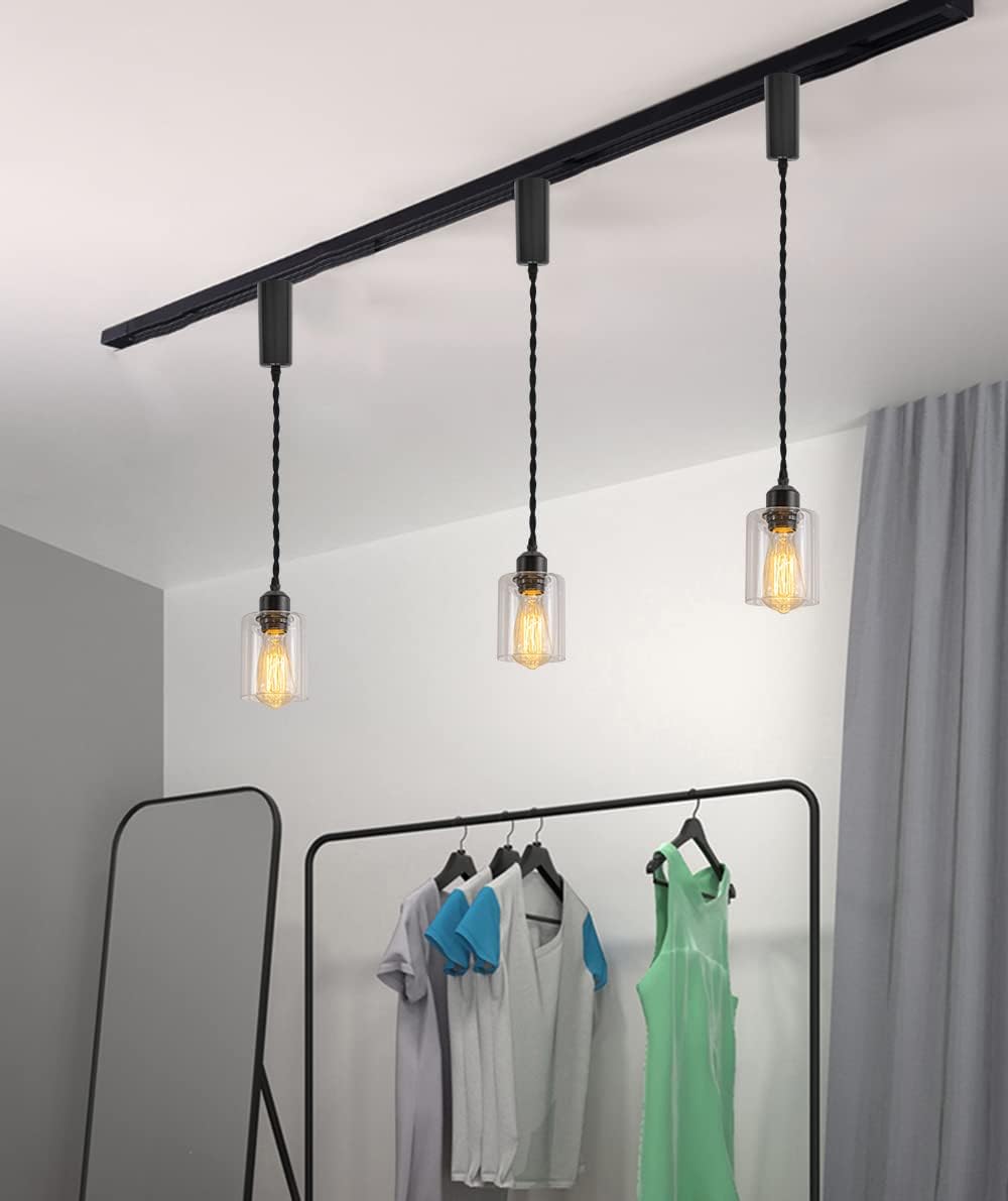 Adjustable Wire Length H-Type Track Hanging Light 3.2 Ft Twisted Cord E26 Base Clear Glass Set of Three Pendant Light Fixture Vintage Lamp for Aisle Loft(No Bulb, Track)