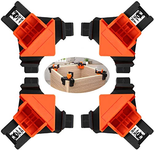 90 Degree Right Angle Clamps, 4 pcs Woodworking Angle Corner Clamps, Adjustable 1/4'-3/4' Thickness, Right Angle Clip Fixer for Carpenter, Welding, Drilling, Making Cabinets, installing frames