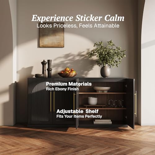 Image of BELLEZE 65 Inch Sideboard Cabinet with Double-Arc Wood Doors, Large Buffet Cabinet with Storage and Adjustable Shelves, Classic Modern Console Table for Dining Room Living Room Entryway (Ebony)