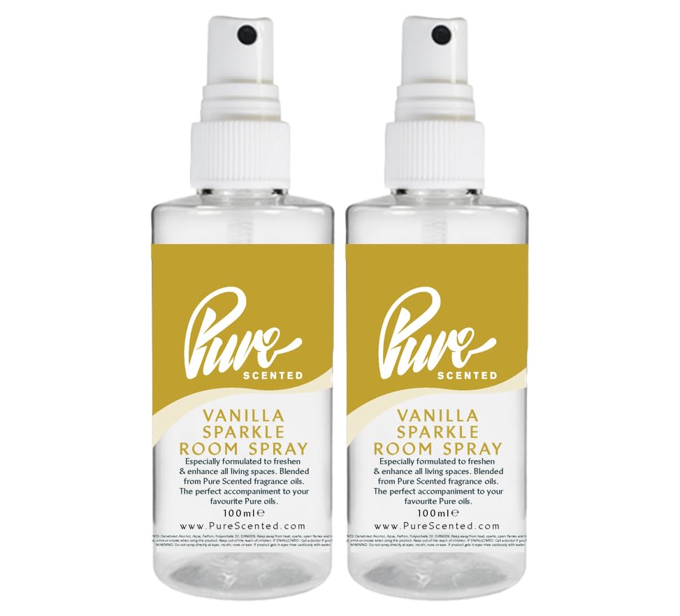 "Pure Scented 200ml Room & Fabric Sprays 2 x 100ml Suitable For Home, Car, Caravan, Work, Gym Bags, Odour Eliminators (2 x 100ml, Vanilla Sparkle Stoppables)"