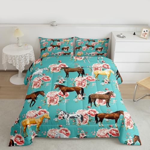 Kids Horse Bedding Set Chic Retro Floral Bedding Comforter Set For Girls Teens Galloping Horse Printed Comforter 3D Wild Farm Animal Duvet Set Bedroom Decor Quilt Set 2Pcs Twin Size, Green Pink