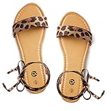 Rekayla Open Toe Tie Up Ankle Wrap Flat Sandals for Women Leopard 10