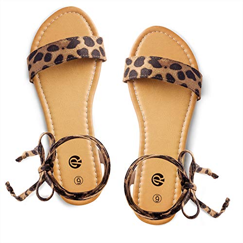 Rekayla Open Toe Tie Up Ankle Wrap Flat Sandals For Women Leopard 10 #TOP19
