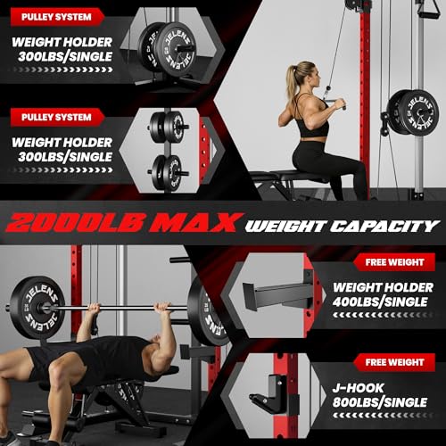 Image of JELENS C21 Power Cage, 2000LBS Multi-Function Power Rack with Independent Dual Pulley System, All-in-One Squat Rack for Cable Crossover, Home Gym Workout Machine