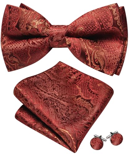 Image of YOHOWA Paisley Striped Men Bow Tie Pre-Tied Formal Adjustable Colorful Bowties Handkerchief Cufflinks Set Wedding Party