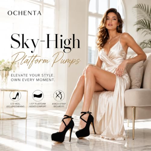 Image of OCHENTA Women's Ankle Strap Platform Pumps, High Heel Dress Shoes, Cross Strap Stiletto Heels for Party, Prom, Wedding, Evening 5.5Inch
