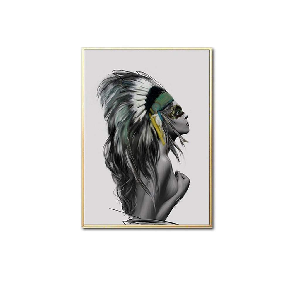 Toile portraits féminins art mural indien fille plume 60x90cm