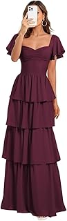 Short Sleeves Tiered Chiffon Bridesmaid Dresses for Women Ruffle Chiffon A Line Formal Evening Dress