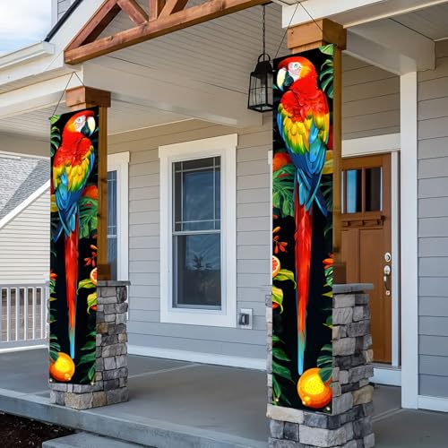 Image of BlissYard 2pcs Spring Summer Door Banner Hawaiian Tropical Parrot Porch Sign Banner Tropical Floral Colorful Parrot Wall Hanging Banners for Outdoor Summer Tiki Bar Decor Party Supplies