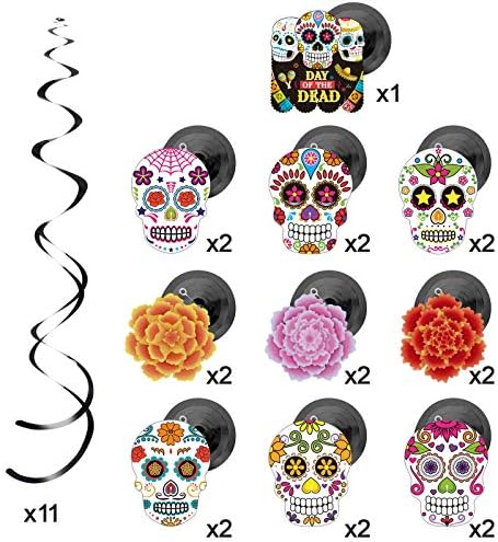 30 pcs Day of The Dead Foil Swirls Decorations Halloween Sugar Skull Flowers Ceiling Hanging Swirls Dia de los Muertos Party Favors Supplies for Halloween Birthday Skull Mexican Party (Classic Style)