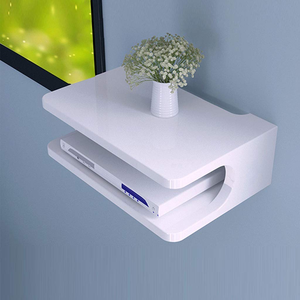Mensola sospesa in metallo per console multimediale da parete, per componenti TV, 2 ripiani bianchi per decoder via cavo, router, telecomandi, lettori DVD, console di gioco