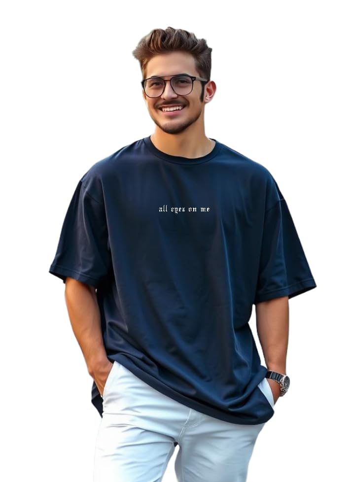 Men Oversized Printed Round Neck Cotton Blend Navy T-Shirt