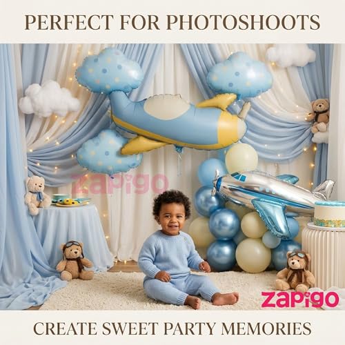 Image of Balloonistics Aeroplane & Clouds 1st Birthday Balloon Bouquet | Baby Girl 1st Birthday Party Decoration | Pink Cloud Aeroplane Party Balloon Set | Pack of 7
