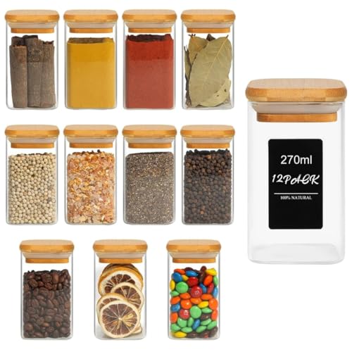 Image of CAKETIME Spice Jars with Airtight Bamboo Lid [Square, Pack Of 12, 270ml] - Glass Spice Bottles, Seasoning Containers for Salt, Sugar, Coffee Beans - Set of 12 Jars with Wooden Lids