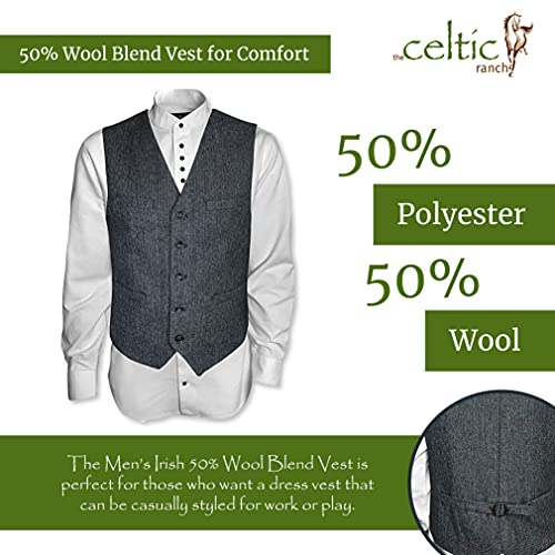 The Celtic Ranch Men’s 50% Wool Tweed Vest, Full Back With Fabric Belt, 4 Pockets, Herringbone Pattern, Grey, X-Large #TOP1