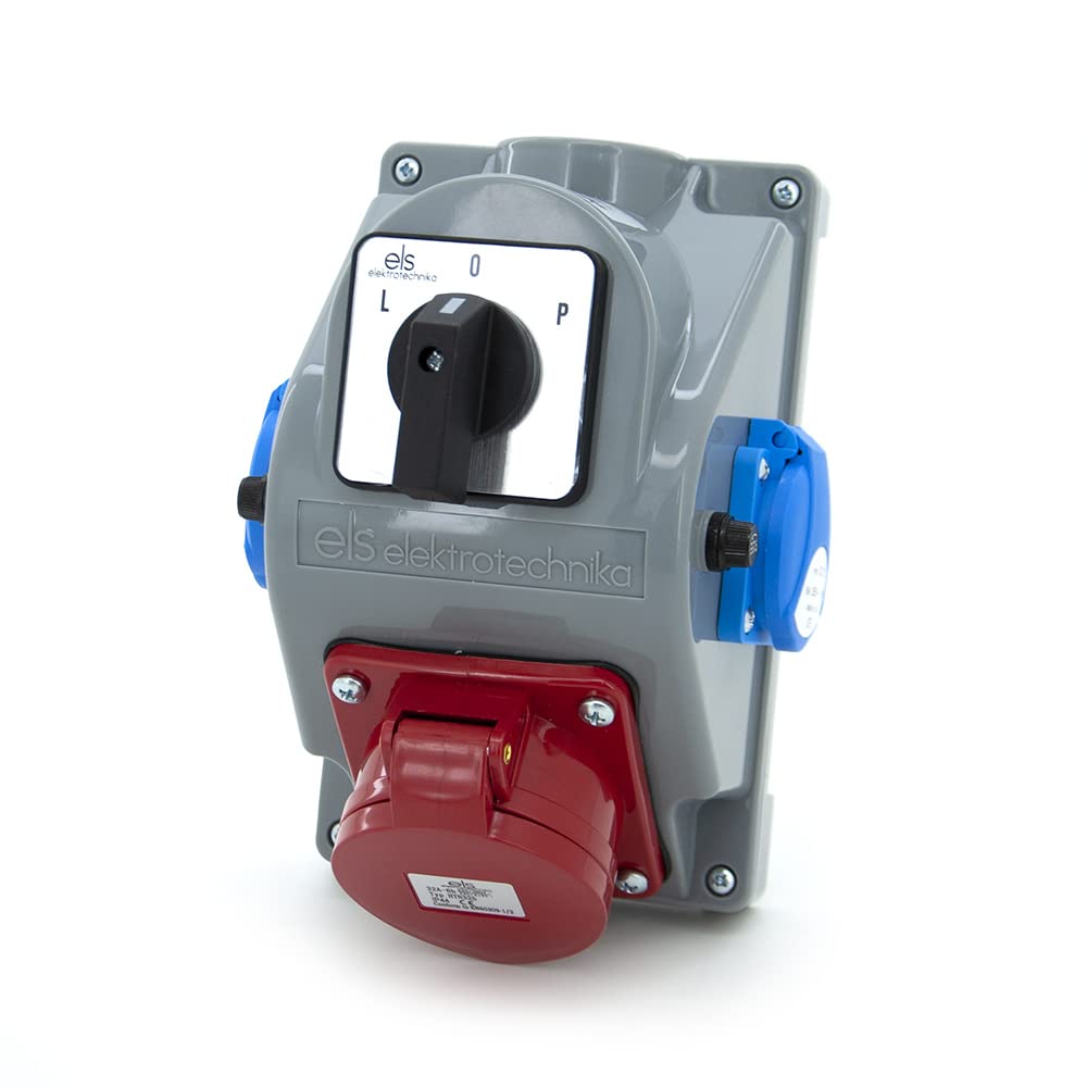 ELS Elektrotechnika Distributore di corrente con 2 x 230 V Schuko + 1 x CEE 32 A + interruttore a camme L-0-P, cablato, pronto per il collegamento, per cantieri e fabbriche