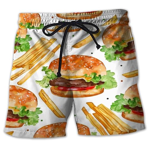 Hamburger Lovers Mens Swim Trunks - Fast Food Quick Dry Mens Board Shorts with Mesh Lining Swimwear Bathing Suits Set 24