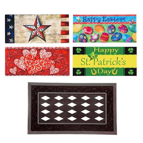 Evergreen Sassafras Spring Holiday Doormat Insert Bundle & Tray Set of 5, Interchangeable Entrance Door mats Indoor and Outdoor Welcome Mat 30 x 18 Tray Non Slip Backing Low Profile