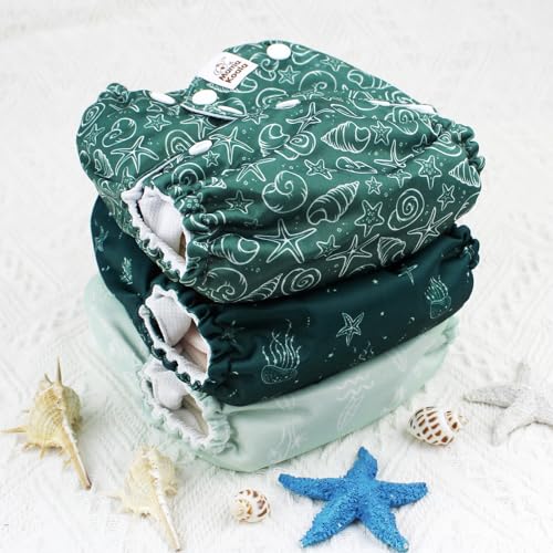 Image of Mama Koala 3.0 Cloth Diapers for Babies with AWJ Lining, 6 Pack with 6 5-Layer Natural Cloth Diaper Inserts - Reusable and Washable Pocket Diapers(A-Seashore)