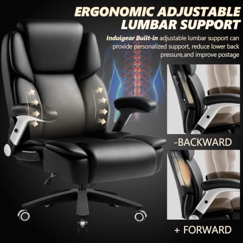 Image of Indulgear Big and Tall Office Chair,500lbs Capacity Heavy Duty Office Chair for Heavy People, High Back Executive Computer Chair with Adjustable Lumbar Support, Quiet Rubber Wheel (Flip up arm-Black)