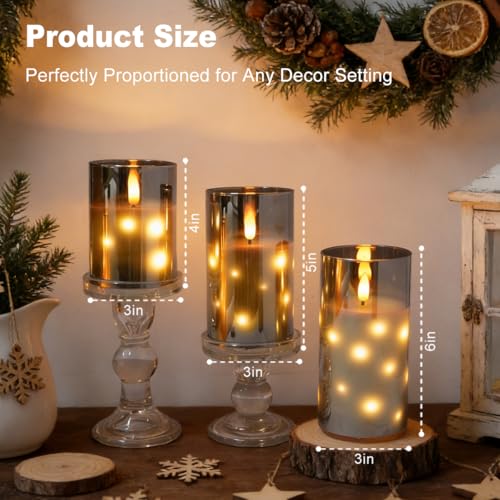 Image of LEDHOLYT Rechargeable Glass LED Flameless Candles, Embedded Star String Flickering Flameless Candles for Romantic Ambiance and Home Decoration with Remote & Timer(Gray)