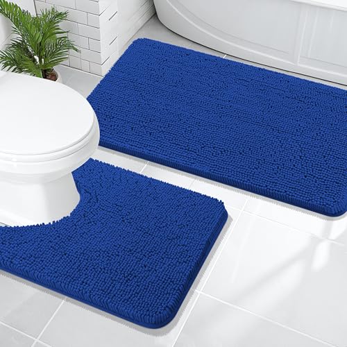 Image of OLANLY Bathroom Rugs Sets 2 Piece, Soft Absorbent Chenille Bath Mats and U-Shaped Contour Toilet Mat Area Rug Set, Machine Washable Bath Carpet, Home Decor Accessories(47 inchx20 inch+24 inchx20 inch, Royal Blue)