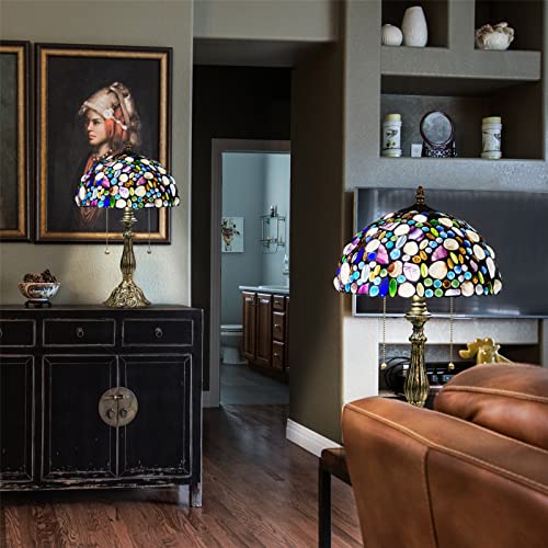 Nizrsky Tiffany Table Lamp,Stained Glass Lamp With Natural Shell And Amethyst,12" Vintage 2-Light Handmade Tiffany Style Lamp,Tiffany Bedside Lamp For Bedroom Living Room Office(2 Led Bulbs Included) #TOP3