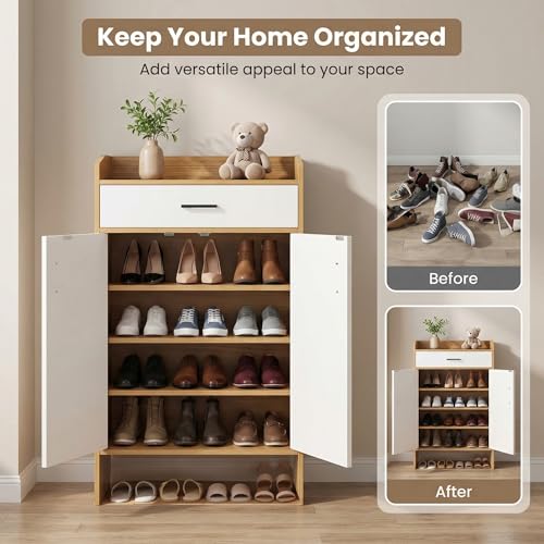 Image of Decor & More 2 Door Shoe Rack Wooden with Shelf and Drawer, Shoes Rack with Door for Home, Shoe Organizer Space Saver, Shoe Cabinet Stores 15-16 Pairs, Footwear Stand,DIY