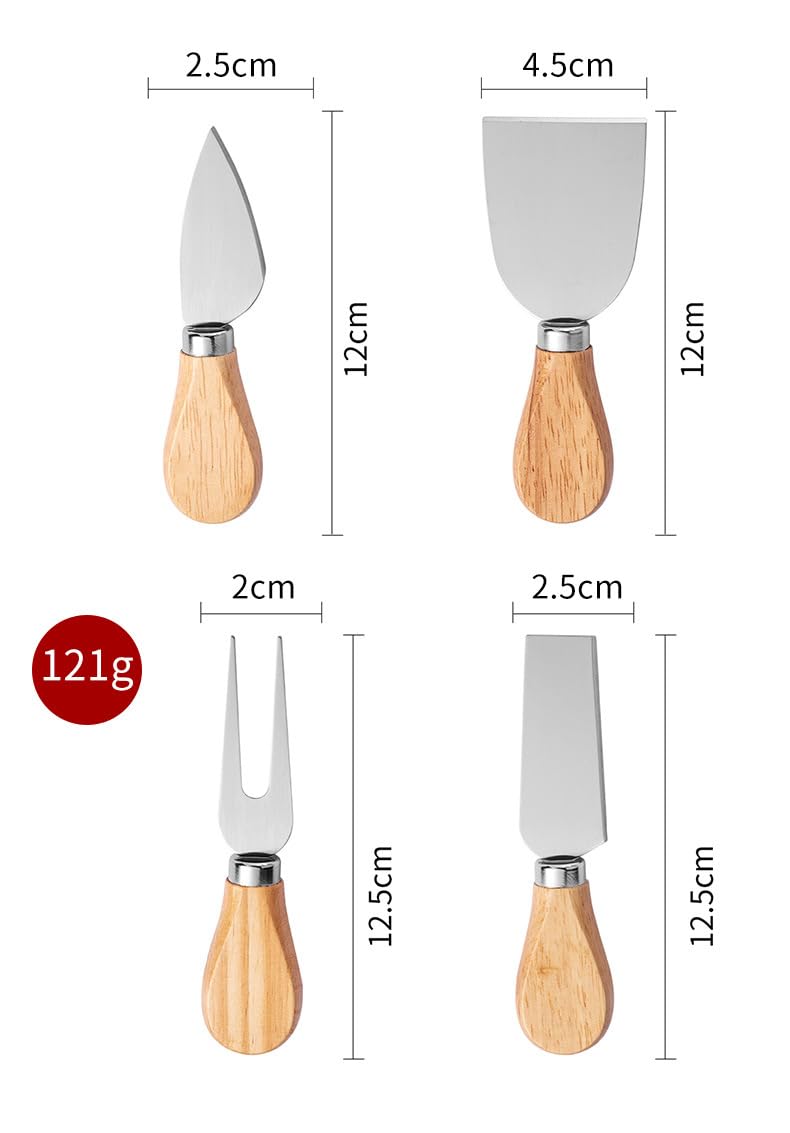 Premium 4'lü Peynir Bıçağı Seti, Paslanmaz Çelik Bıçaklar ve Meşe Saplı, 12.5 cm Uzunluk, Peynir ve