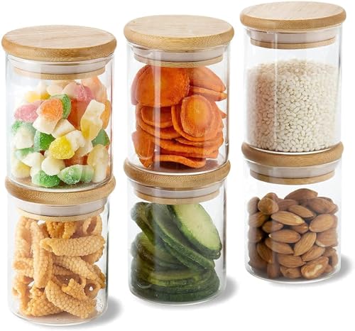 Image of Glass Food Storage Containers with Airtight Bamboo Lid, Coffee Storage Jars for Home Kitchen, Pantry Tea, Spices, Snack (ROUND 220 ML JAR, SET OF 12)