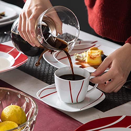 MALACASA, Serie Felisa, 60-TLG. Tafelservice aus Porzellan, Kombiservice Abgerundet Geschirrset Kaffeeservice für 12 Personen, Rot