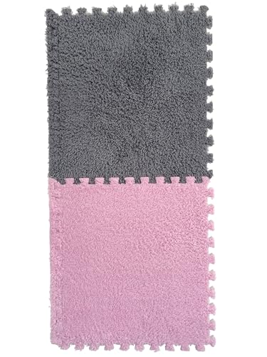 Image of 16 Pcs Plush Interlocking Carpet Tiles, Carpet Squares Patchwork Mat Kids Soft Foam Floor Tiles for Baby Anti Slip Playmat - Ideas for Playroom, Bedro (8Grey+8Pink)