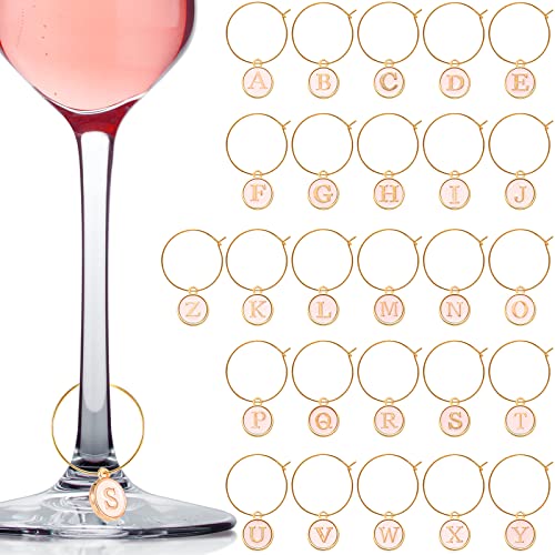 26 dijes de vino metálicos con letras y cuentas rosas para identificar copas