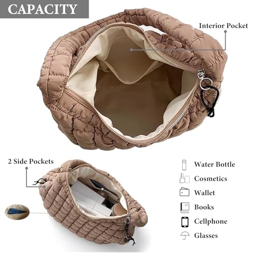 Image of Puffer Tote Bag for Women Large Quilted Tote Bag with Zipper Nylon Lightweight Hobo Handbag Padding Shoulder Purse (Khaki)
