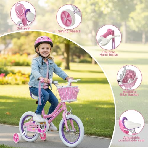 Image of XJD Girls Bike for Toddlers 3-9 Years Old Kids, 12 14 16 Inch Kids Bike with Training Wheels, Streamers, Basket and Doll Seat