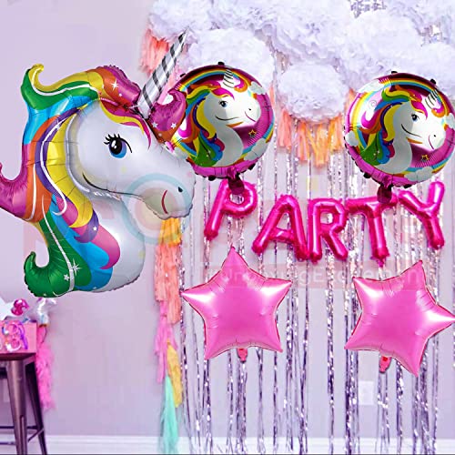 Image of Propsicle Pink Unicorn Birthday Foil Balloon Rainbow Color Pack of 5 Balloons Decoration Set for Baby Birthday | Theme Party Supplies Item