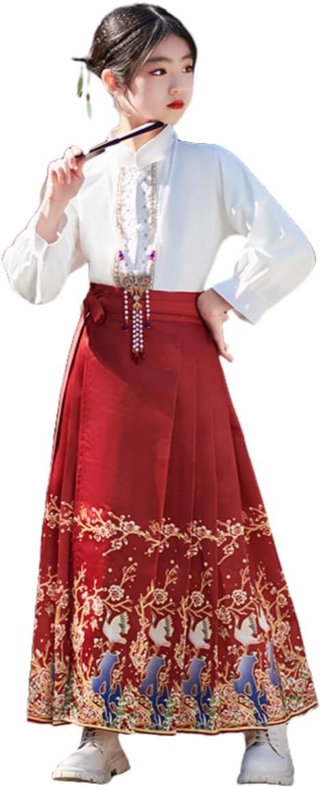 Chinese Hanfu Dress for Girls, Horse Face Skirt Chinese Classical Style Long Sleeve Ancient Costume (Red, 120cm)
