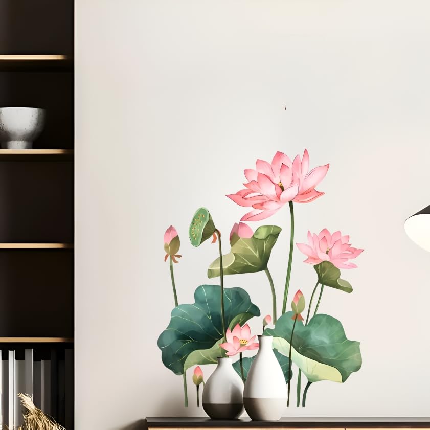 Image of Pink Lotus Flower Vinyl Wall Sticker, 76x61 cm Large Size | Removable & Reusable Decal, For Bedroom, Living Room, Meditation Room, Home Decor