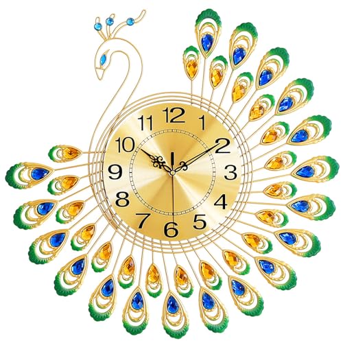 Reloj de pared de pavo real, diseño de metal y cristal, acabado dorado con detalles azules y verdes, 38 x 38 cm, reloj decorativo para sala de estar
