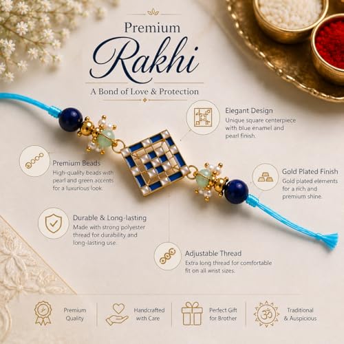Image of JAIPUR ACE Elegant Blue inchBRO inch Designer Rakhi Gift Set with Greeting Card and Roli Chawal Pouch, Premium Brother Rakhi, Festive Raksha Bandhan Gift for Brother, Traditional (NR5)