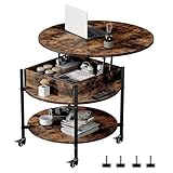Ablefurn Rustic Lift Top Coffee Table with 4 Removeable Wheels and Hidden Compartment, 2 Tier Round Coffee Table Central Table with Open Storage and Adjustable Foot Pad for Living Room, 26.77”,Brown