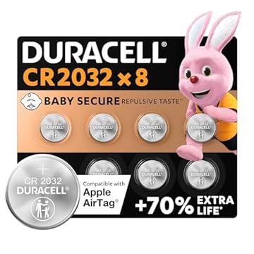 Duracell Batterie a moneta al litio 3V CR2032 (8 pz.) - Fino a +70% di durata - Tecnologia Baby Secure - Per Apple AirTag, chiavi auto, dispositivi domestici, sportivi e medici - A prova di bimbo